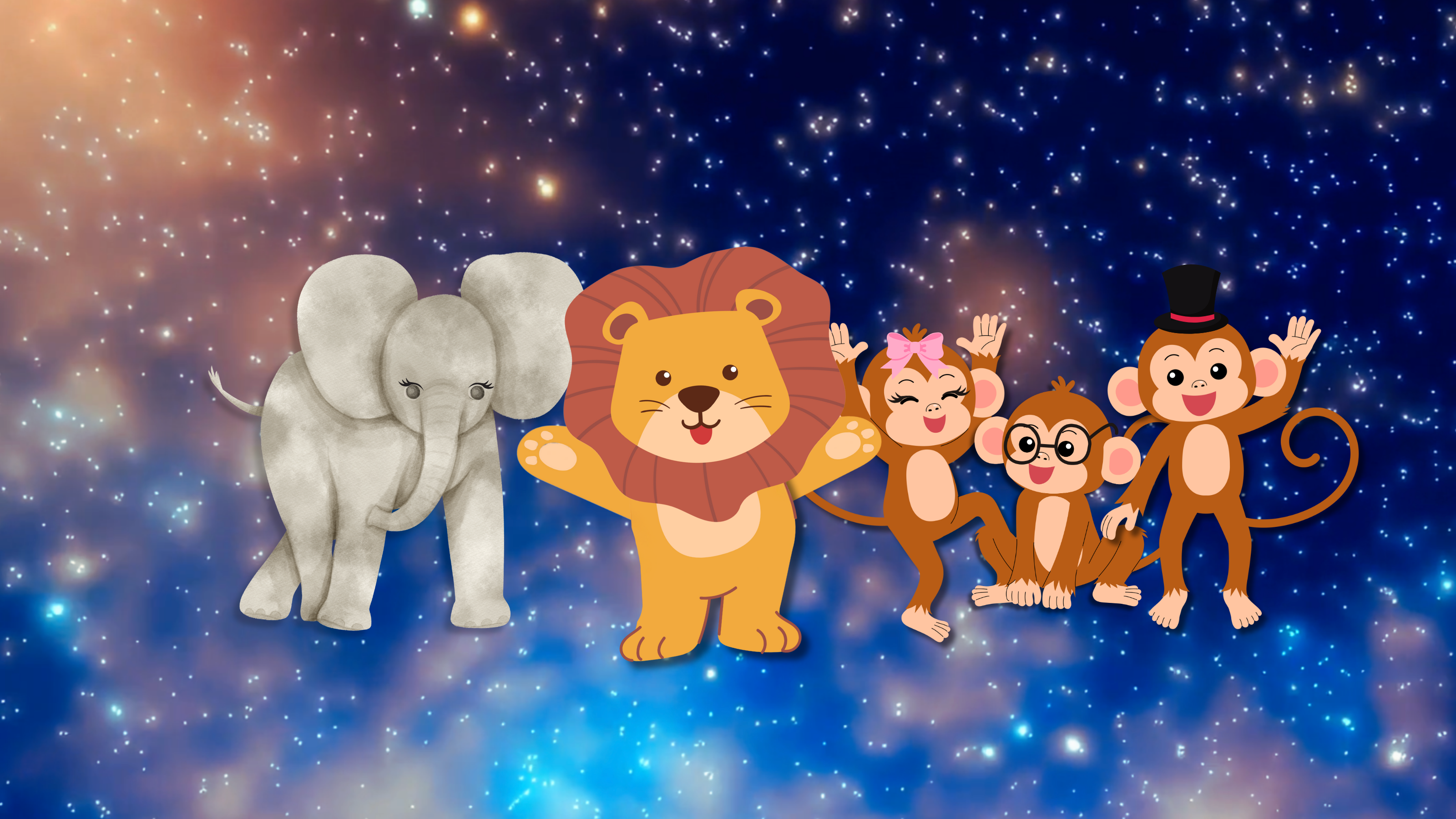 Cartoon animals including an elephant, lion, and monkeys against a starry space background